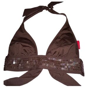 Hot Kiss Sequin Trim Bikini Top Chocolate Brown Size M
